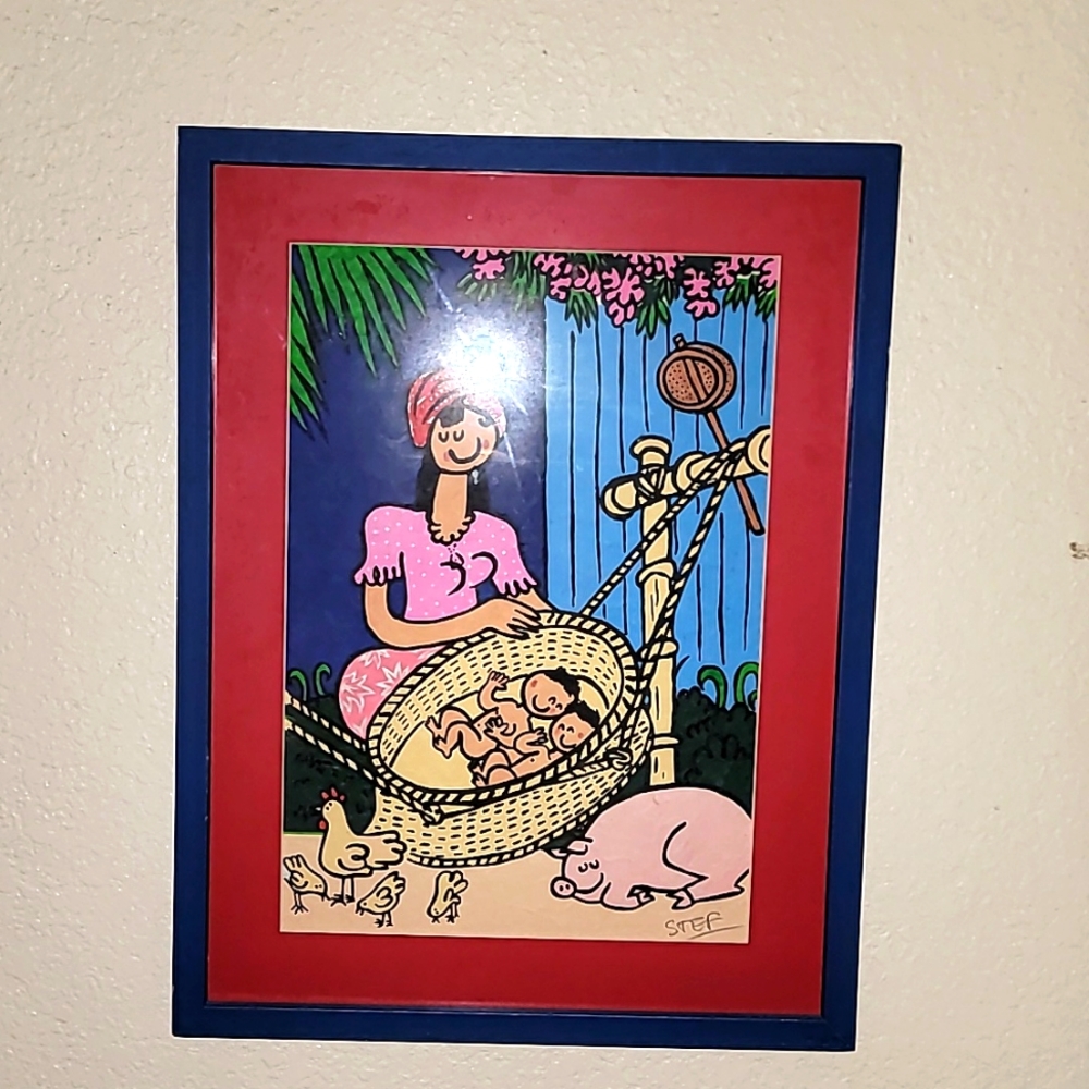 Silkscreen Print by Stef multicolored Mom of Twins Pig Chickens Framed